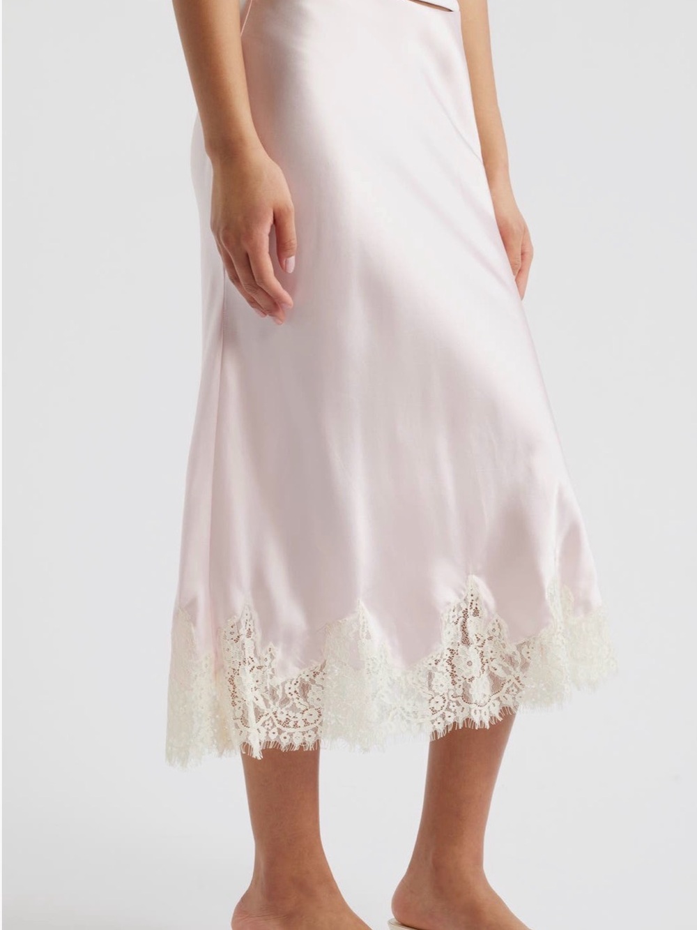 Reformation Carolina Midi Skirt Pink 100% Silk Cherry Blossom Lace Trim - Picture 2 of 7